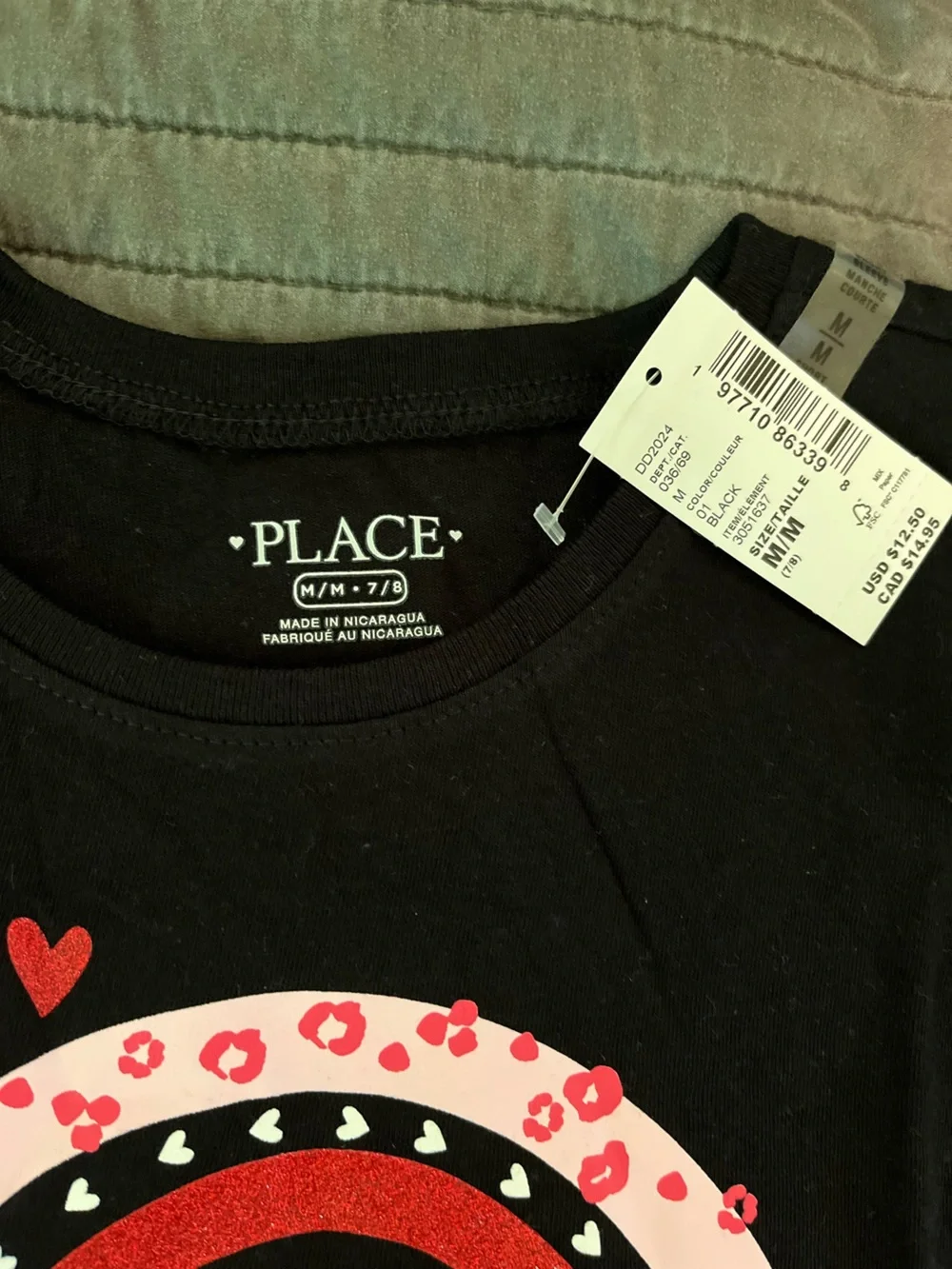 The Children's Place Black Tee with Red, Pink and White Rainbow Heart Graphic